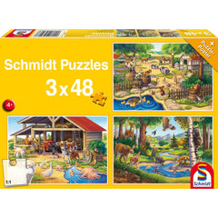 Puzzle Schmidt: Animalele mele favorite, Set de 3 x 48 piese + Cadou: poster, Schmidt
