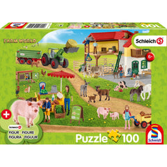 Puzzle Schmidt: Schleich - Farm World: Ferma si piata, 100 piese + Cadou: figurine animale, Schmidt