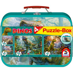 Puzzle Schmidt: Dinozauri,  Set de 2 x 60 piese si 2 x 100 piese + Bonus: cufar metalic, Schmidt