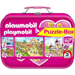 Puzzle Schmidt: Playmobil - Playmobil roz,  Set de 2 x 60 piese si 2 x 100 piese + Bonus: cufar metalic, Schmidt