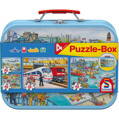 Puzzle Schmidt: Mijloace de transport, Set de 2 x 26 piese si 2 x 48 piese + Bonus: cufar metalic, Schmidt