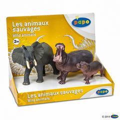 Papo set animale salbatice elefant, hipopotam si hipopotam pui, Papo