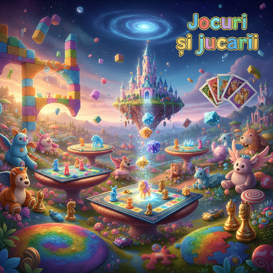 a squared image depicting a fantasy toys and games universe, with the following text in the top right side of the image in a play style: Jocuri si jucarii