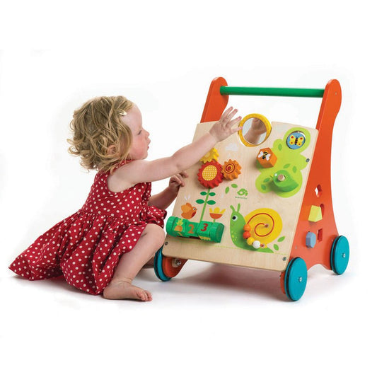 Antemergator cu activitati in gradina, din lemn premium - Baby Block Walker - 10 activitati - Tender Leaf Toys - Publisol.ro