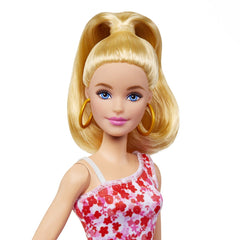 Barbie papusa barbie fashionista blonda cu parul prins in coada si rochie cu floricele, Mattel - Publisol.ro