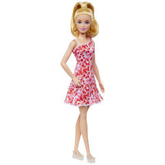 Barbie papusa barbie fashionista blonda cu parul prins in coada si rochie cu floricele, Mattel - Publisol.ro