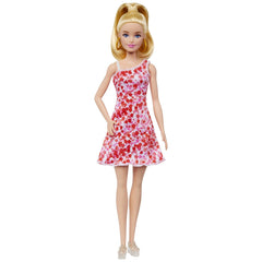 Barbie papusa barbie fashionista blonda cu parul prins in coada si rochie cu floricele, Mattel - Publisol.ro