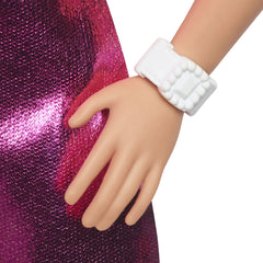 Barbie papusa barbie fashionistas blonda cu rochita roz metalica, Mattel - Publisol.ro