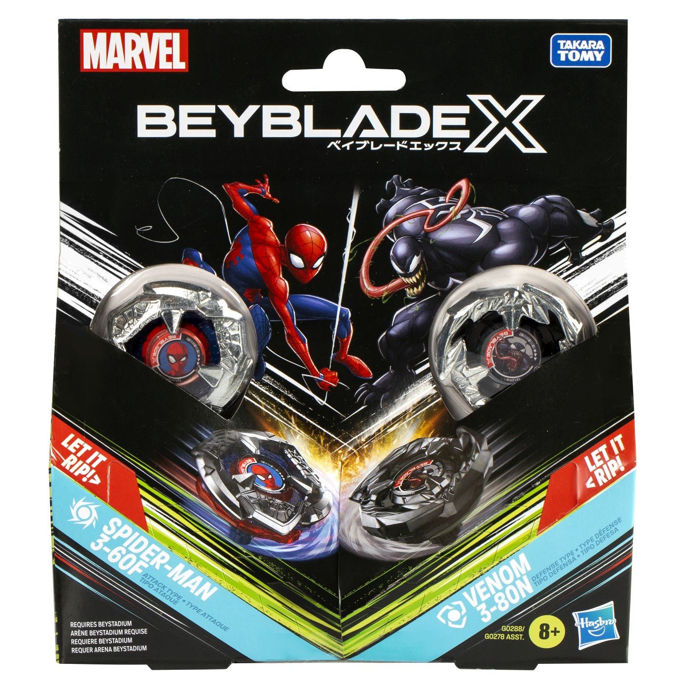 Beyblade x marvel set duo spider man 3-60f si venom 3-80n, Hasbro - Publisol.ro