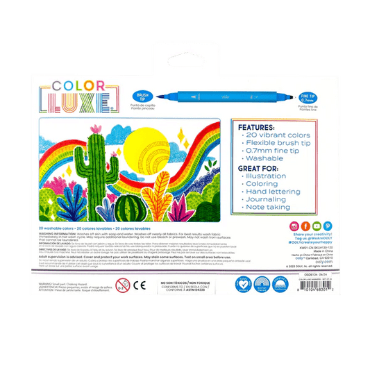 Carioci 2 in 1 cu pensula si varf fin, Color Luxe - set de 20 - Ooly - Publisol.ro