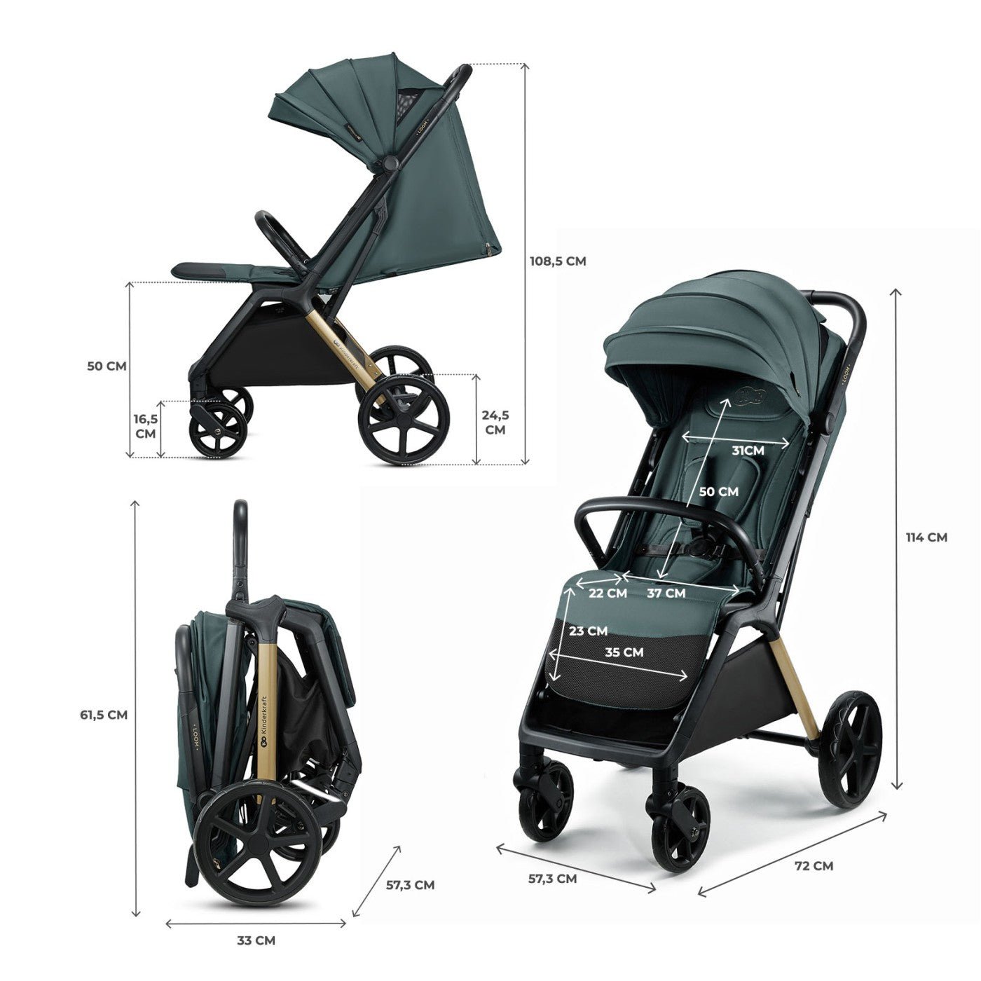 Carucior sport Kinderkraft loom, 0 - 22 kg, jade green - Publisol.ro
