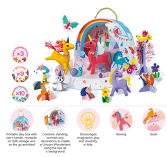 Set creativ DIY portabil - Lumea Fantastica a Unicornilor cu activitati de cusut, construit si joc de rol - Avenir