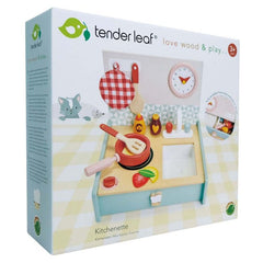 Chicineta in cutie, din lemn premium - Mini Chef Kitchenette - 11 piese, echipamente si accesorii complete pentru gatit - Tender Leaf Toys - Publisol.ro