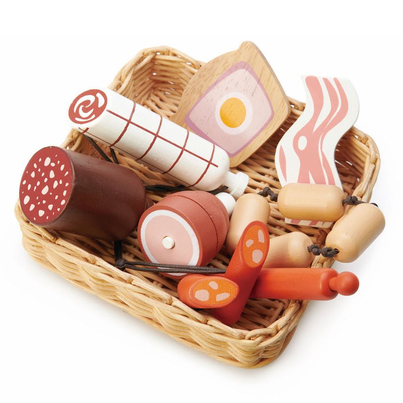 Cos cu carne, din lemn premium - Charcuterie Basket - 7 piese - Tender Leaf Toys - Publisol.ro