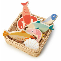 Cos cu fructe de mare, din lemn premium - Seafood basket - 7 piese - Tender Leaf Toys - Publisol.ro