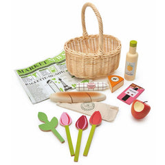 Cos de cumparaturi din rachita, din lemn premium - Wicker Shopping Basket - 13 piese - Tender Leaf Toys - Publisol.ro