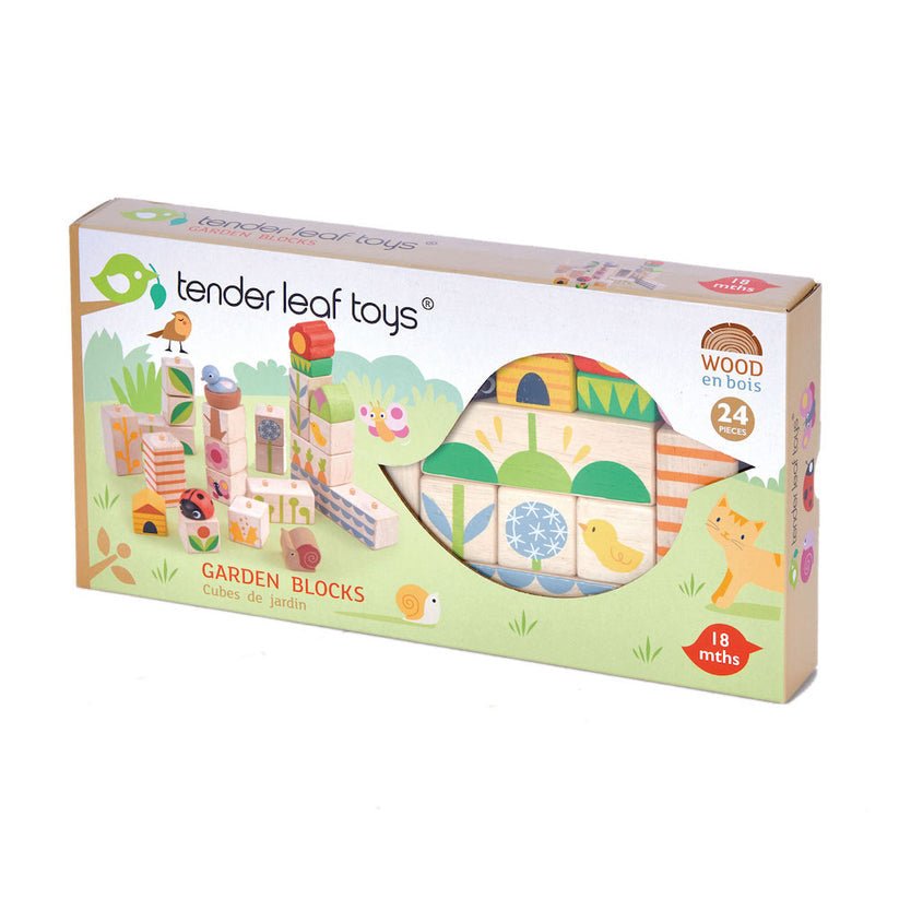 Cuburi stivuibile cu ilustratii din gradina, din lemn premium - Garden Blocks - 24 piese - Tender Leaf Toys - Publisol.ro