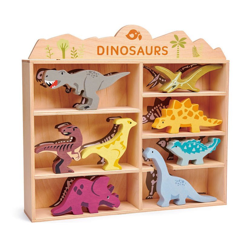 Dinozauri pe raft, din lemn premium - Dinosaurs - 8 piese - Tender Leaf Toys - Publisol.ro