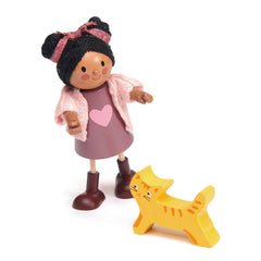 Figurina Ayana și pisicuta, din lemn premium - cu membre ajustabile - Tender Leaf Toys - Publisol.ro