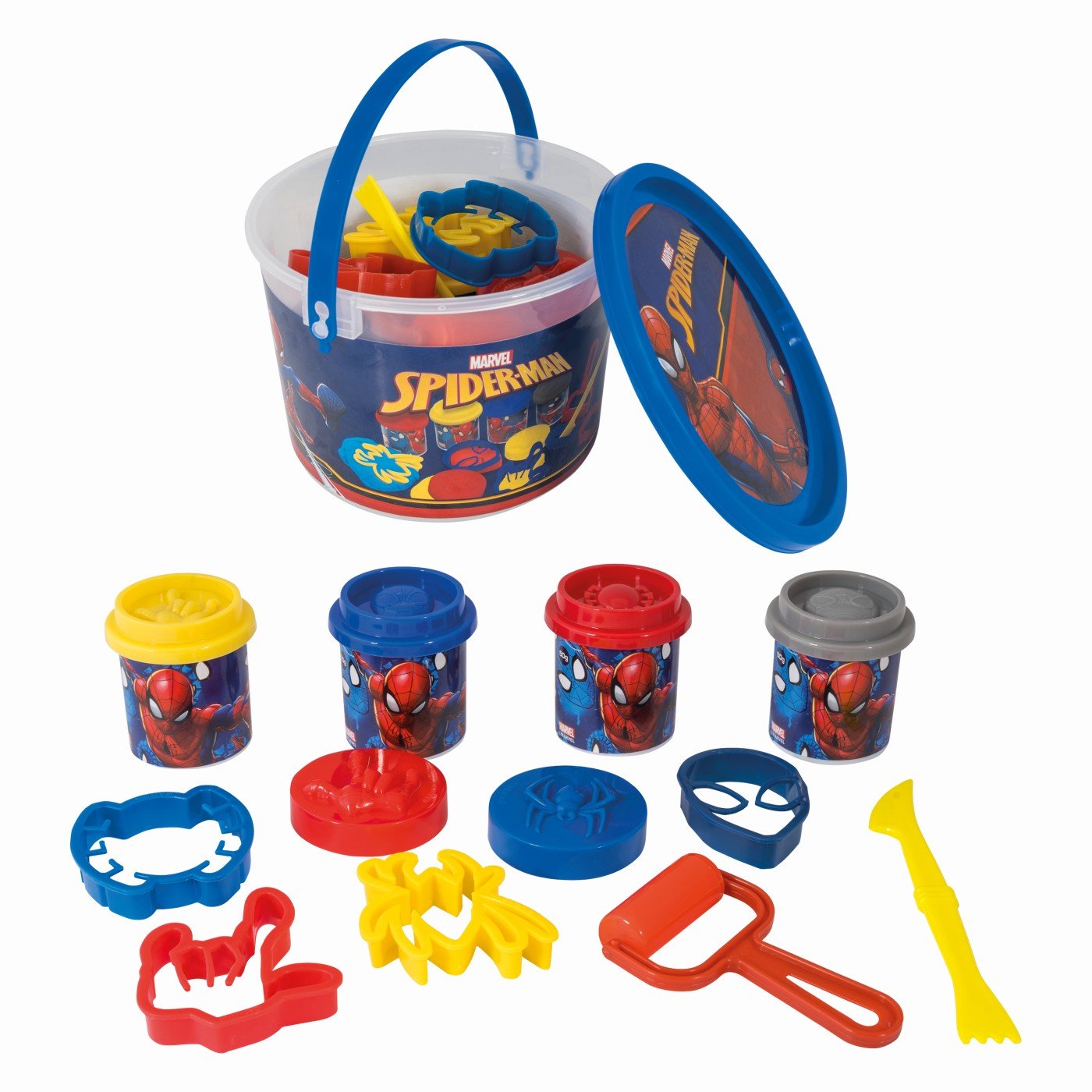 Galetusa cu 4 borcanase de plastilina si accesorii de modelat spiderman, AS - Publisol.ro
