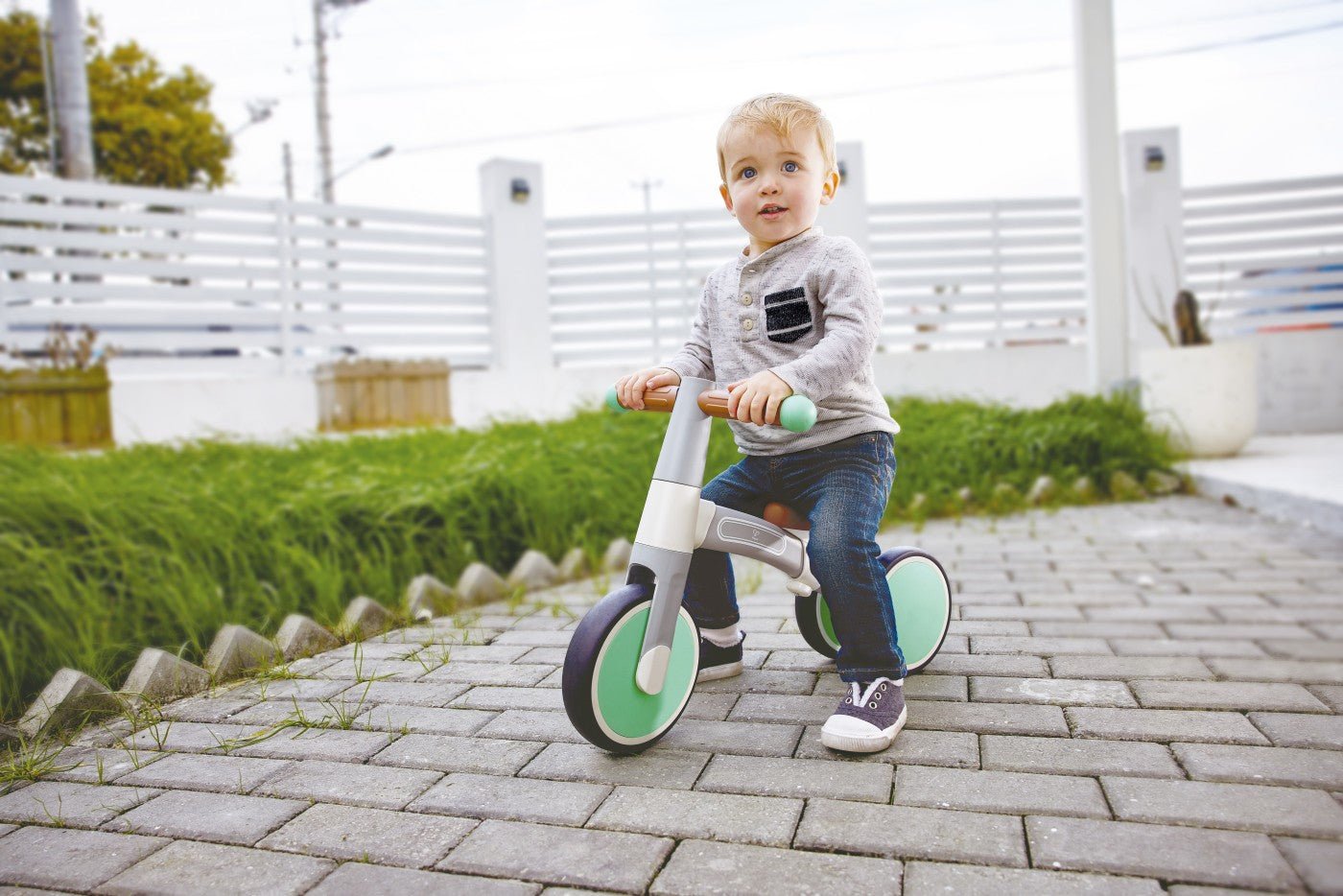 Hape bicicleta de echilibru verde cu 3 roti, Hape - Publisol.ro