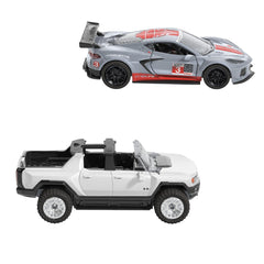 Hot wheels set 2 masinute metalice pull back gmc hummer ev si corvette c8r 1:43, Mattel - Publisol.ro