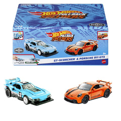 Hot wheels set 2 masinute metalice pull back gt - scorcher si porsche 911 gt3 1:43, Mattel - Publisol.ro