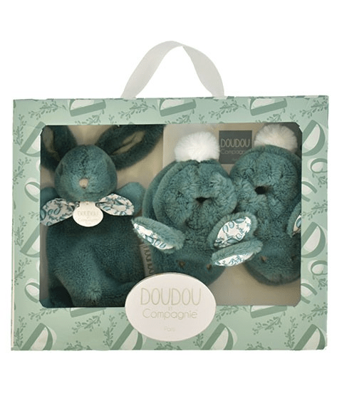 Iepuras Doudou - Set Botosei si Jucarie de Plus, verde - Doudou et Compagnie - Publisol.ro