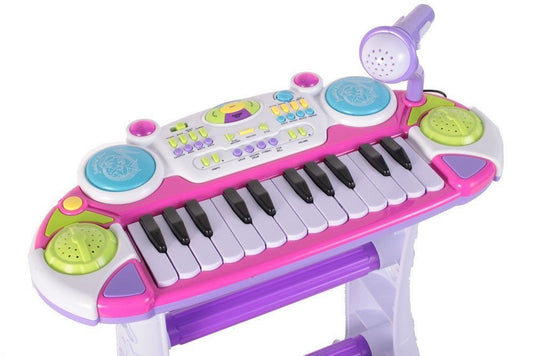 Instrument muzical pianina electronica malplay cu scaun si microfon 45 cm inaltime roz, AS - Publisol.ro