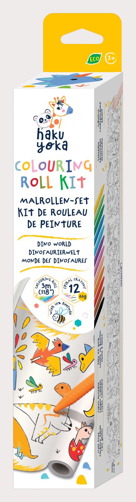 Kit rola de desenat 3 m si 12 creioane colorate cerate, Haku Yoka - Dinozauri - Avenir - Publisol.ro