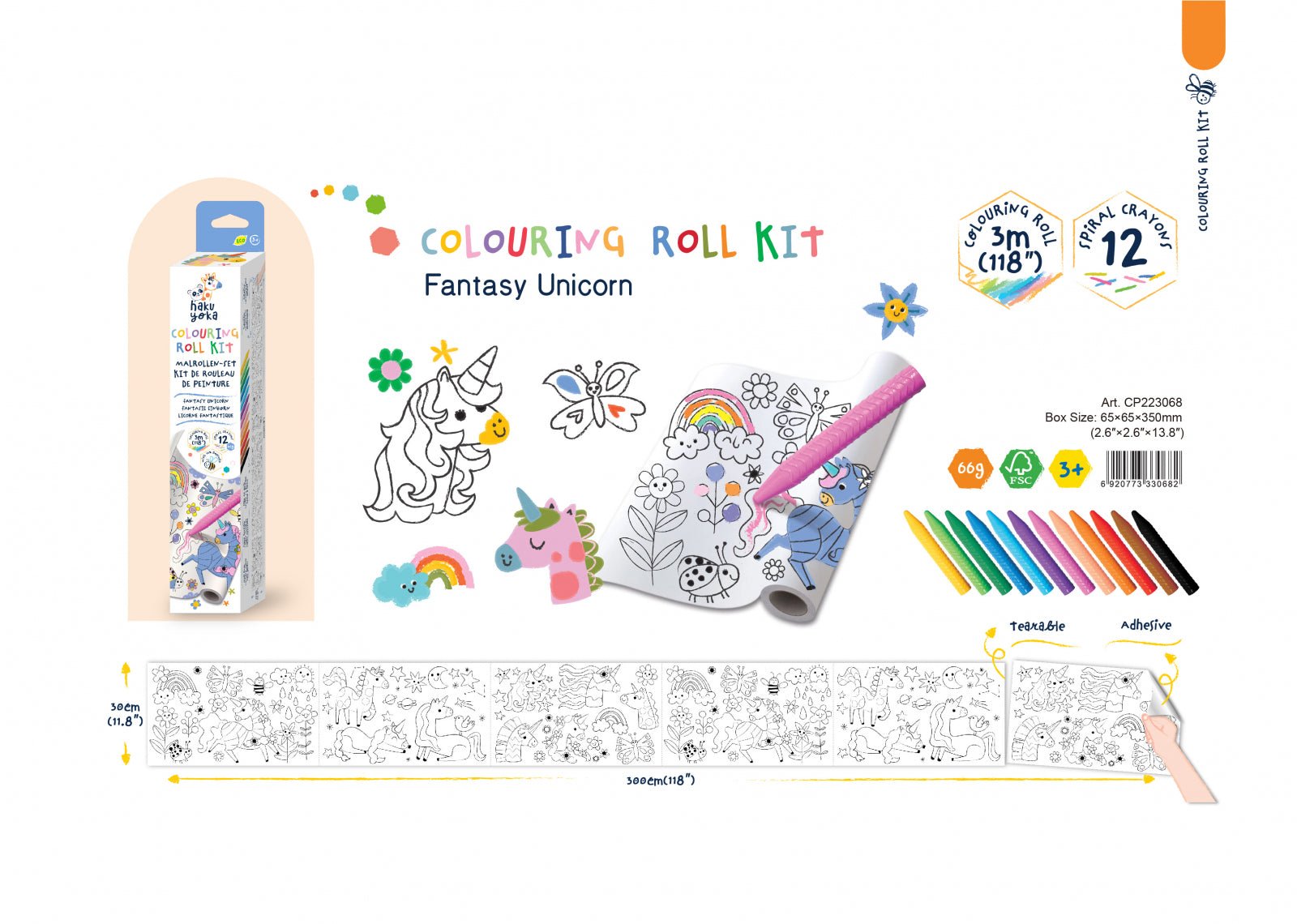 Kit rola de desenat 3 m si 12 creioane colorate cerate, Haku Yoka - Unicorni - Avenir - Publisol.ro