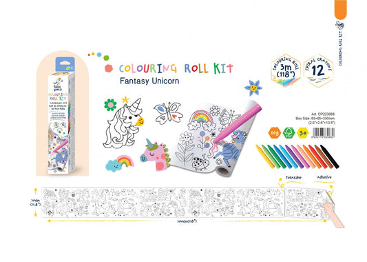 Kit rola de desenat 3 m si 12 creioane colorate cerate, Haku Yoka - Unicorni - Avenir - Publisol.ro