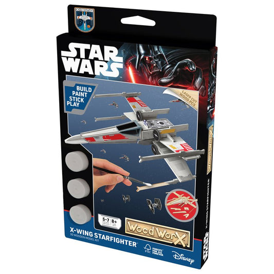 Macheta de asamblat, Wood WorX - Star Wars - X - Wing Starfighter, cu 40+ piese din lemn + vopsea, pensula si adeziv inclus - Publisol.ro