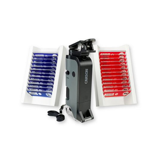 Microscop portabil cu LED si UV, cu adaptor de smartphone, include 24 de lamele pregatite, marire 100-250x, MicroFlip - Carson
