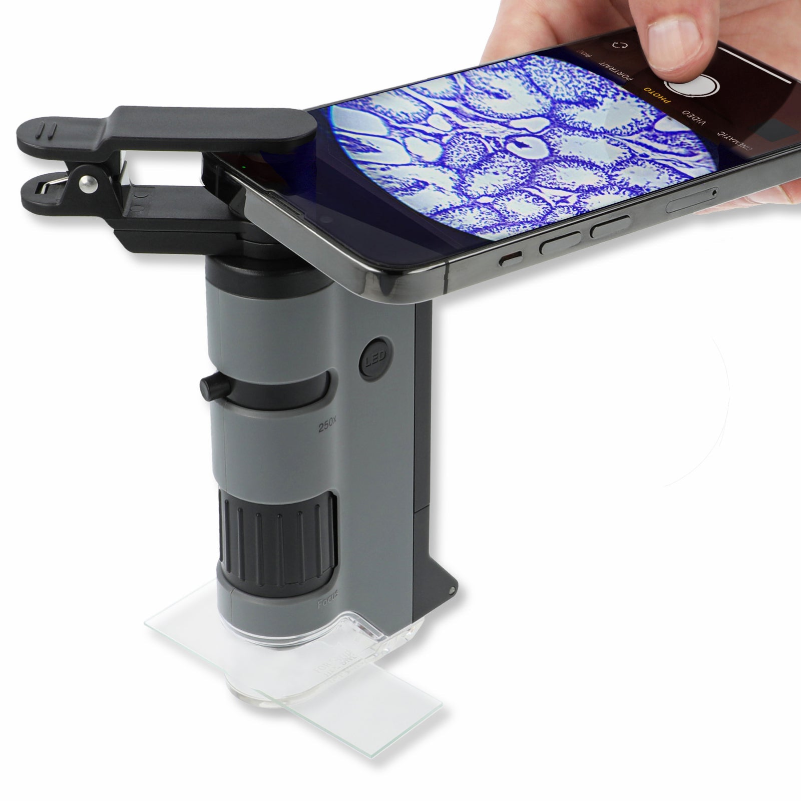 Microscop portabil cu LED si UV, cu adaptor de smartphone, marire 100 - 250x, MicroFlip - Carson - Publisol.ro