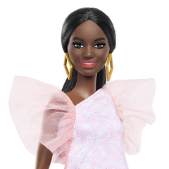Papusa barbie fashionista afro - americana cu rochie peach, Mattel - Publisol.ro