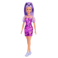 Papusa barbie fashionista cu par mov cu rochie cu umeri bufanti, Mattel - Publisol.ro