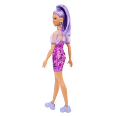 Papusa barbie fashionista cu par mov cu rochie cu umeri bufanti, Mattel - Publisol.ro