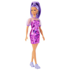 Papusa barbie fashionista cu par mov cu rochie cu umeri bufanti, Mattel - Publisol.ro