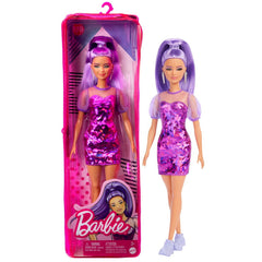 Papusa barbie fashionista cu par mov cu rochie cu umeri bufanti, Mattel - Publisol.ro