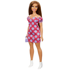 Papusa barbie fashionista satena cu rochie roz cu buline, Mattel - Publisol.ro