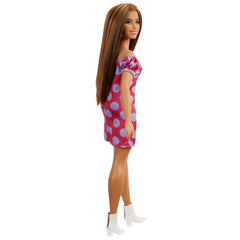 Papusa barbie fashionista satena cu rochie roz cu buline, Mattel - Publisol.ro
