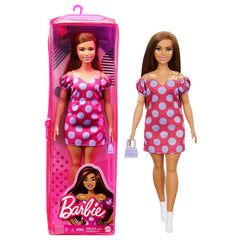 Papusa barbie fashionista satena cu rochie roz cu buline, Mattel - Publisol.ro