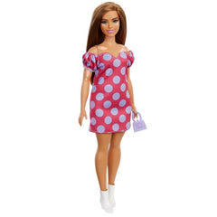 Papusa barbie fashionista satena cu rochie roz cu buline, Mattel - Publisol.ro