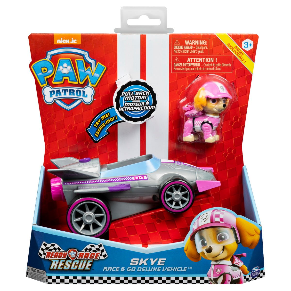 Patrula catelusilor skye masina de curse cu sunete si motor pull - back, Spin Master - Publisol.ro