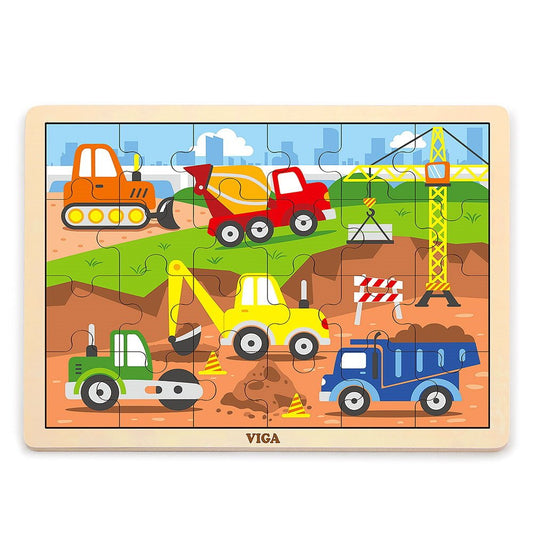 Puzzle din lemn 24 buc., utilaje de constructii, Viga Toys - Publisol.ro