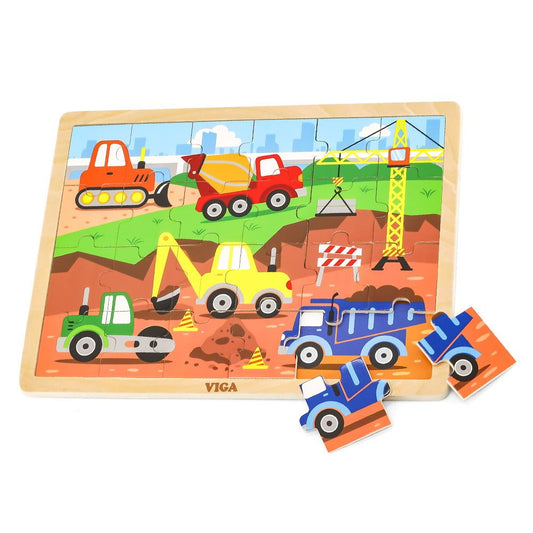 Puzzle din lemn 24 buc., utilaje de constructii, Viga Toys - Publisol.ro