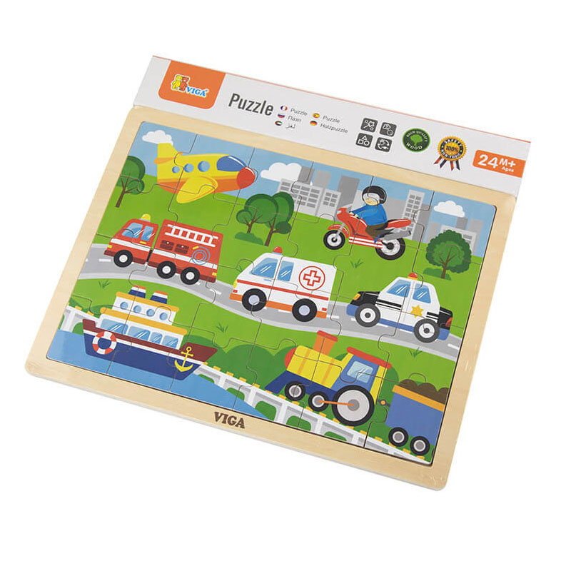 Puzzle din lemn 24 buc. Vehicule, Viga Toys - Publisol.ro