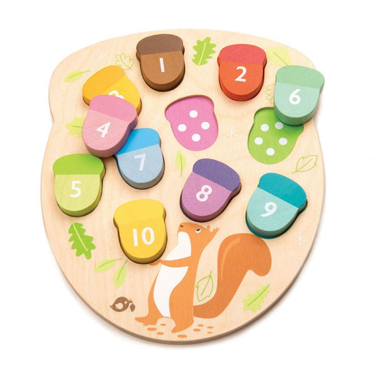 Puzzle educativ Numaram ghinde, din lemn premium - How Many Acorns? - Tender Leaf Toys - Publisol.ro