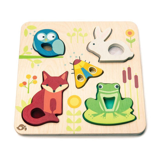 Puzzle educativ senzorial tactil Animalute din padure, din lemn premium - Touchy Feely Animals - Tender Leaf Toys - Publisol.ro